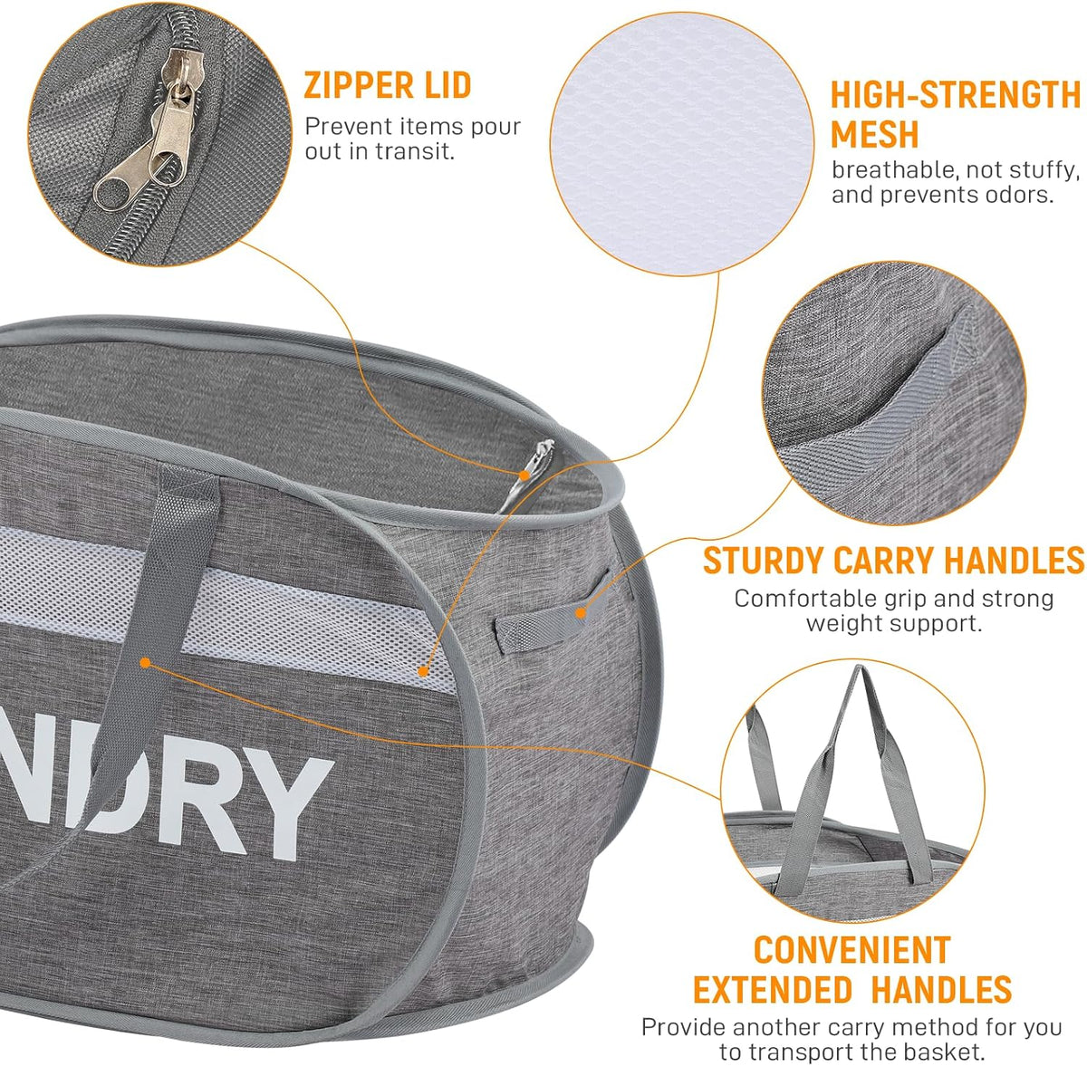 Collapsible Laundry Baskets with Lid, Foldable Clothes Hamper with Reinforced Handles, Sturdy Pop Up Hampers for Laundry, Tear Proof & Easy to Carry Laundry Hamper for Home, Dorm, Travel Grey