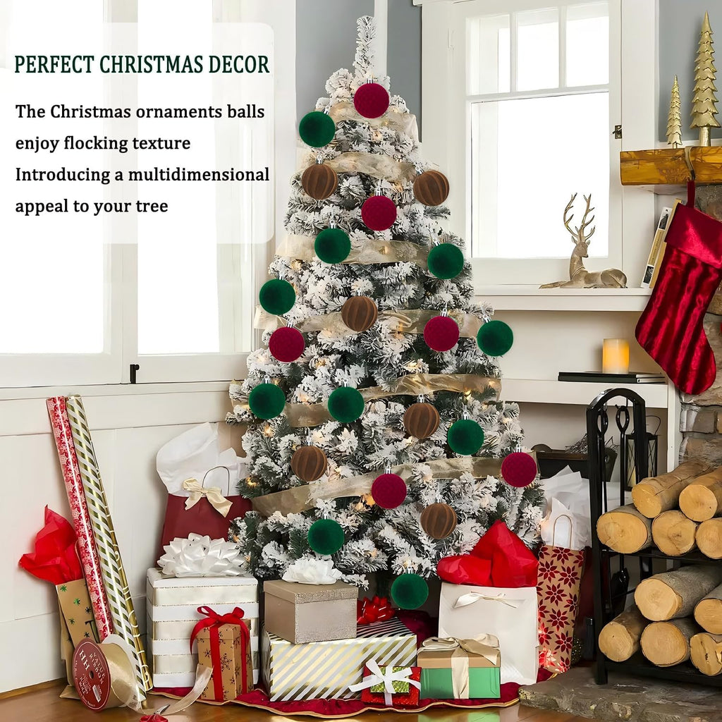 Artmag 16 Pcs Velvet Christmas Balls Hanging Ornaments Set, Shatterproof Plastic Flocked Christmas Tree Balls Xmas Decorations Festival Holiday Party Decor (Red,Green,Brown,2.36 Inch)