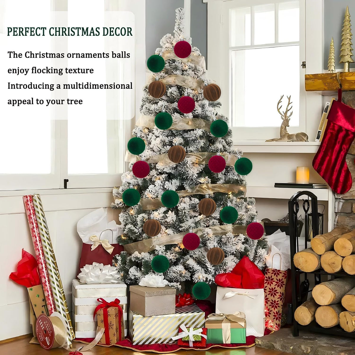 Artmag 16 Pcs Velvet Christmas Balls Hanging Ornaments Set, Shatterproof Plastic Flocked Christmas Tree Balls Xmas Decorations Festival Holiday Party Decor (Red,Green,Brown,2.36 Inch)