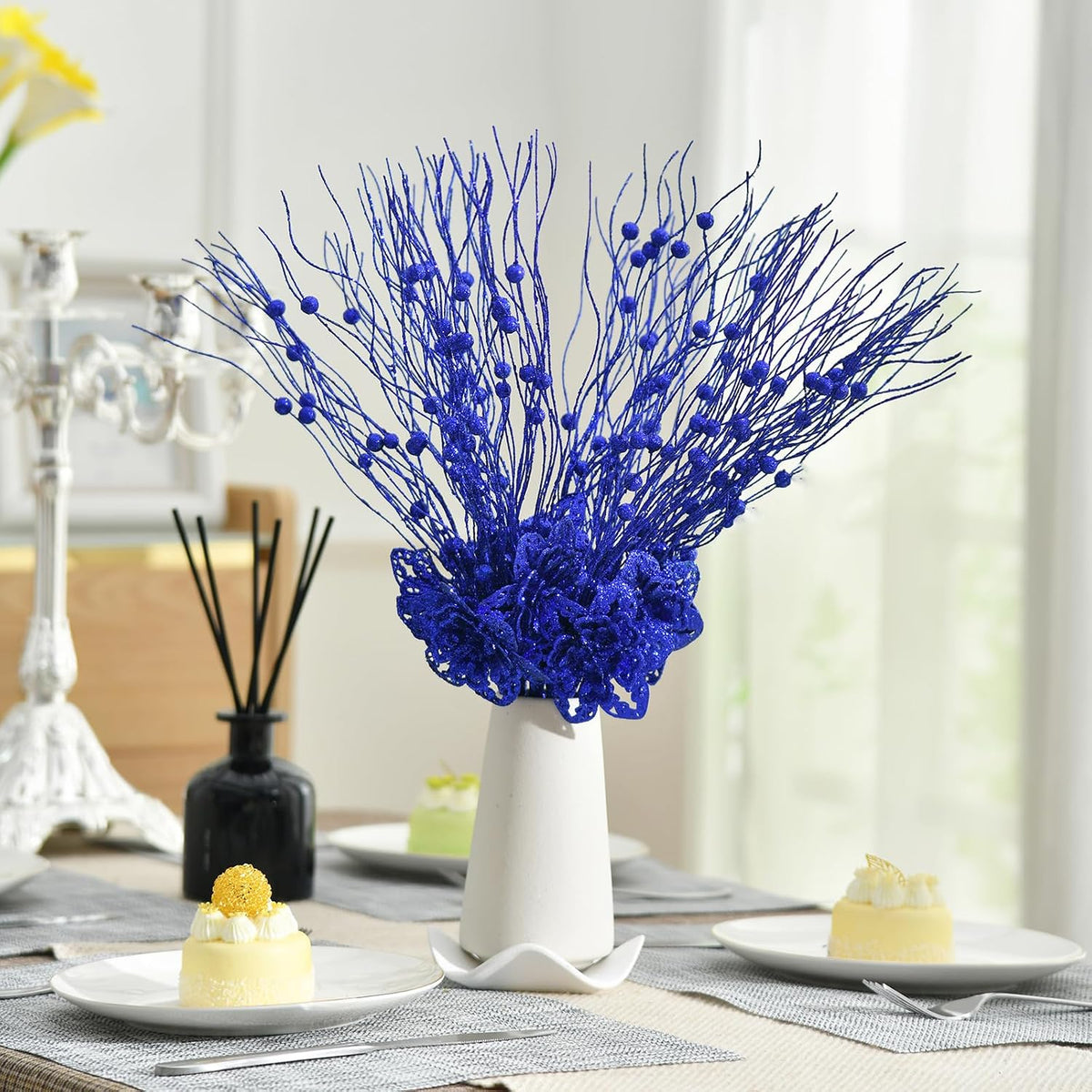 10pcs Artificial Glitter Poinsettia Flower Berry Stem Ornaments Christmas Tree Picks Branches for Xmas Tree Decorations Gift Home Wedding Holiday Party Decor, Royal Blue