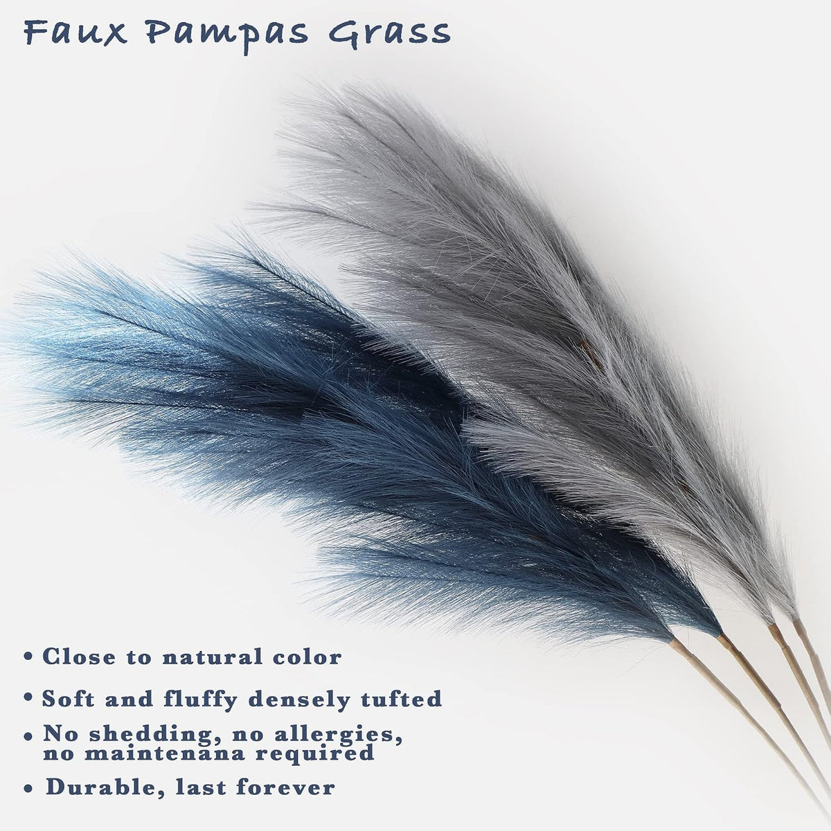 4pcs Faux Pampas Grass Tall 43” / 3.6ft, Non-Shedding Large Artificial Fluffy Reed Fake Flower Feather Arrangement for Floor Vase Filler Boho Farmhouse Home Wedding Decor (Grey& Navy Blue)