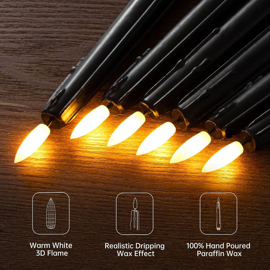 Stmarry Black Flameless Taper Candles with Remote and Timer - 9.65 Inch Real Wax LED Candlesticks - Wax Drip Battery Operated Halloween Taper Candles with 3D Flickering Flame Halloween Decor, 3 Pack