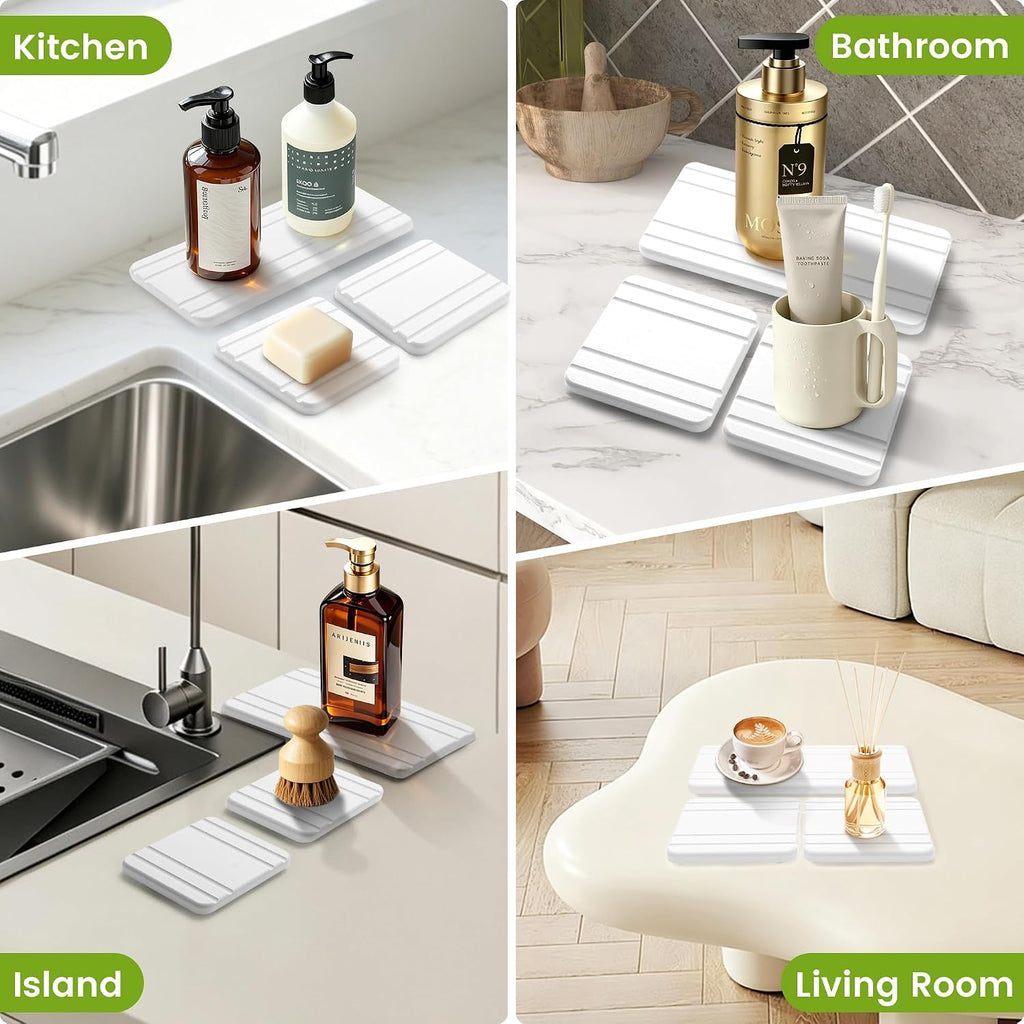 3PCS Diatomite Water Absorbing Stone Tray for Sink, Fast Drying Stone Drying Tray, Faucet Mat for Kitchen Sink and Counter, Bathroom Trays, Holders & Vanity Organizers White-Multi-Oval-8.3"x 4"+4"x 4"
