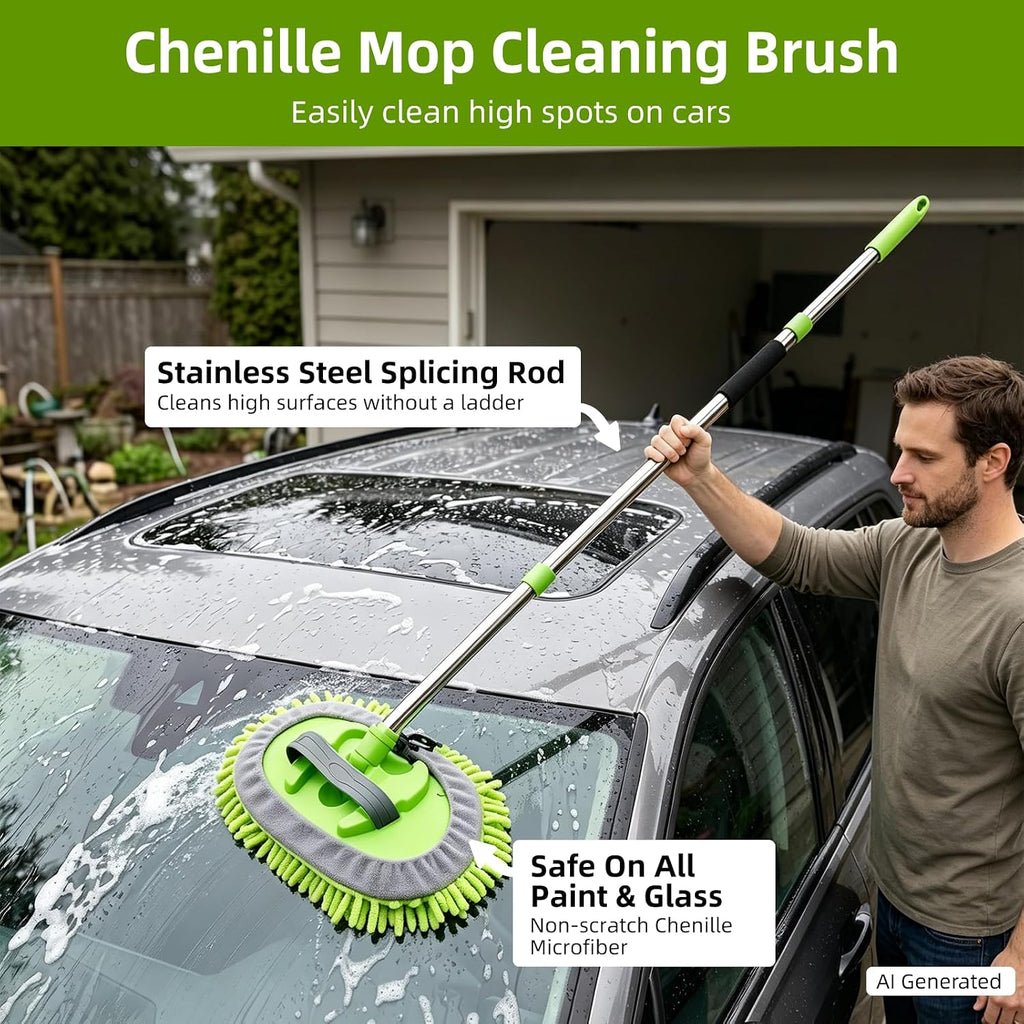 2 Pack 62" Car Wash Brush with Long Handle, Chenille Microfiber Car Wash Mop Mitt, Scratch-Free Soft Bristles Brush , Windshield Window Squeegee, Car Cleaning Kit Supplies for Car,Truck,SUV,RV,Boat