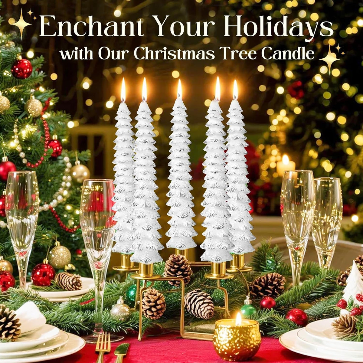 2 Pcs 10 Inch Christmas Tree Candles, Premium Natural Unscented Beeswax Christmas Tree Shaped Taper Candles with Cotton Wick, for Xmas Holiday Decor Party Banquet(White with Silver Trim)