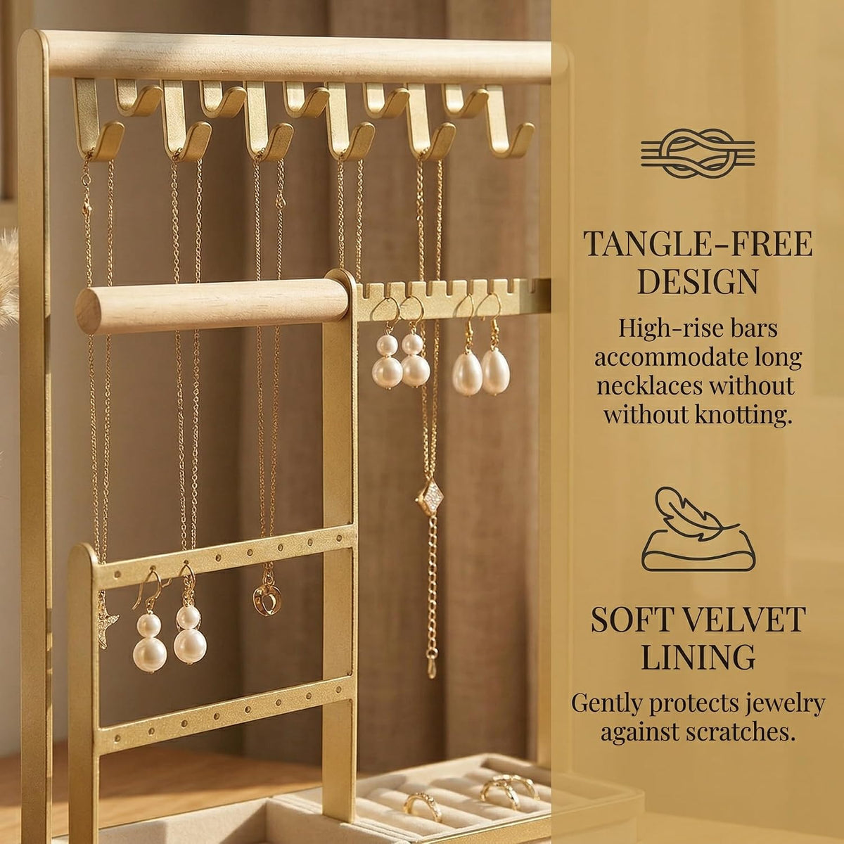 Jewelry Stand Holder Organizer, 4-Tier Necklace Holder with Ring Tray, 11 Hooks Display Storage Tower for Bracelets, Earrings, Watches (White)