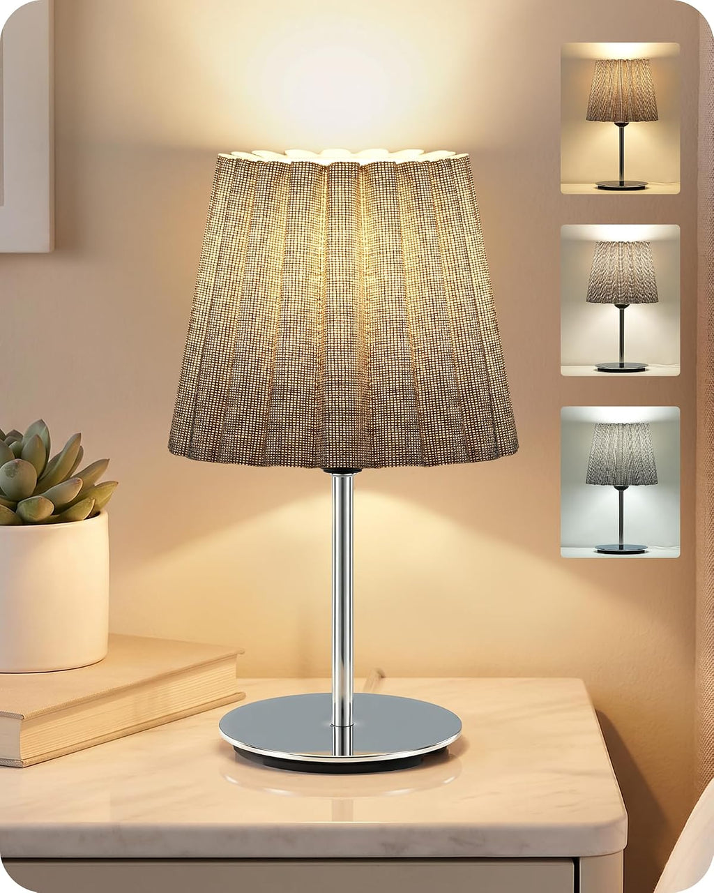 Small Bedside Table Lamp, Dimmable Table Lamp with 3 Adjustable Color Temperatures, Nightstand Lamp with a Dimmable Bulb, E26 Base, for Bedroom, Study, Desk, Gray and Glossy Gray PSH15TL05