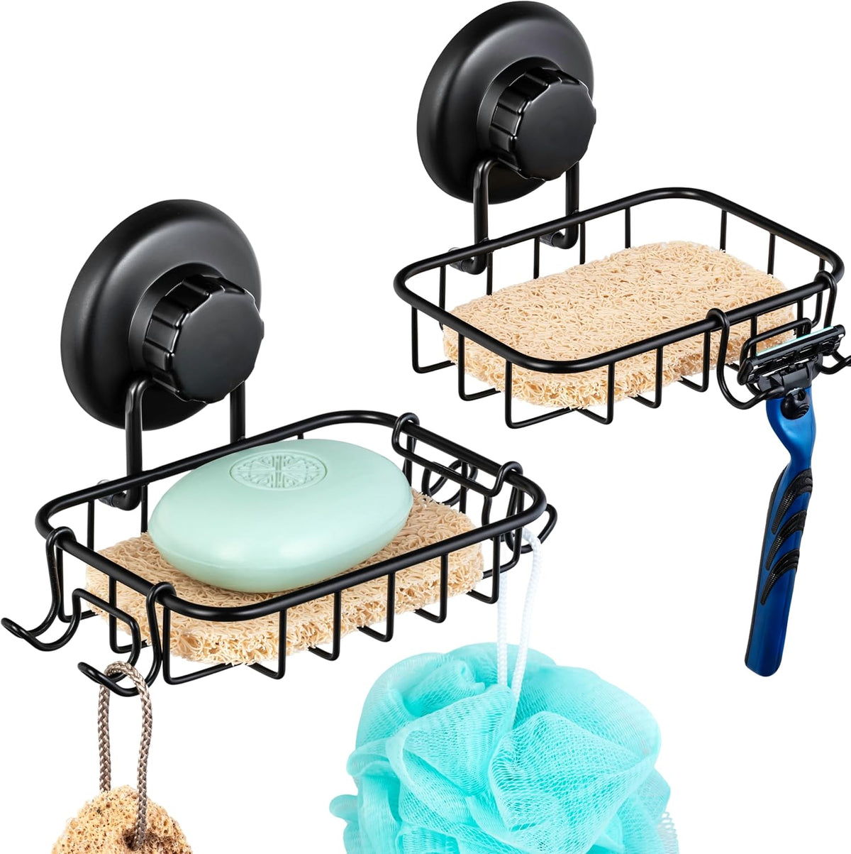 HASKO 2 Pack Suction Cup Soap Dish for Shower Wall, Rustproof Stainless Steel, Shower Soap Holder with Hooks, Includes Optional No Drill Adhesive Mount for Bathroom, 2 Soap Savers, Black