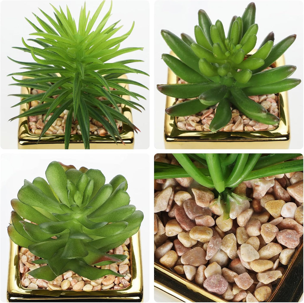 Hollyone Small Succulents Artificial 3 Pcs Faux Succulents with Gold Pots Mini Fake Succulent Plants Indoor Plant Ceramic Pots for Modern Office Desk Bathroom Shelf Living Room Home Decor