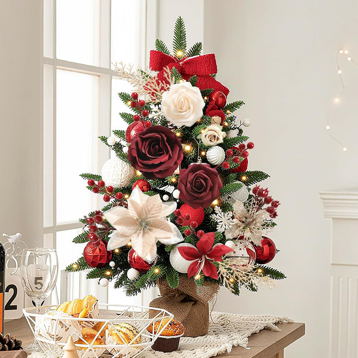 YYHUAWU Artificial Christmas Flowers Greenery Combo Box Set Faux Flowers Bulk Flower Leaf with Stems for DIY Tree Ornaments Xmas Wreath Floral Arrangements Centerpieces