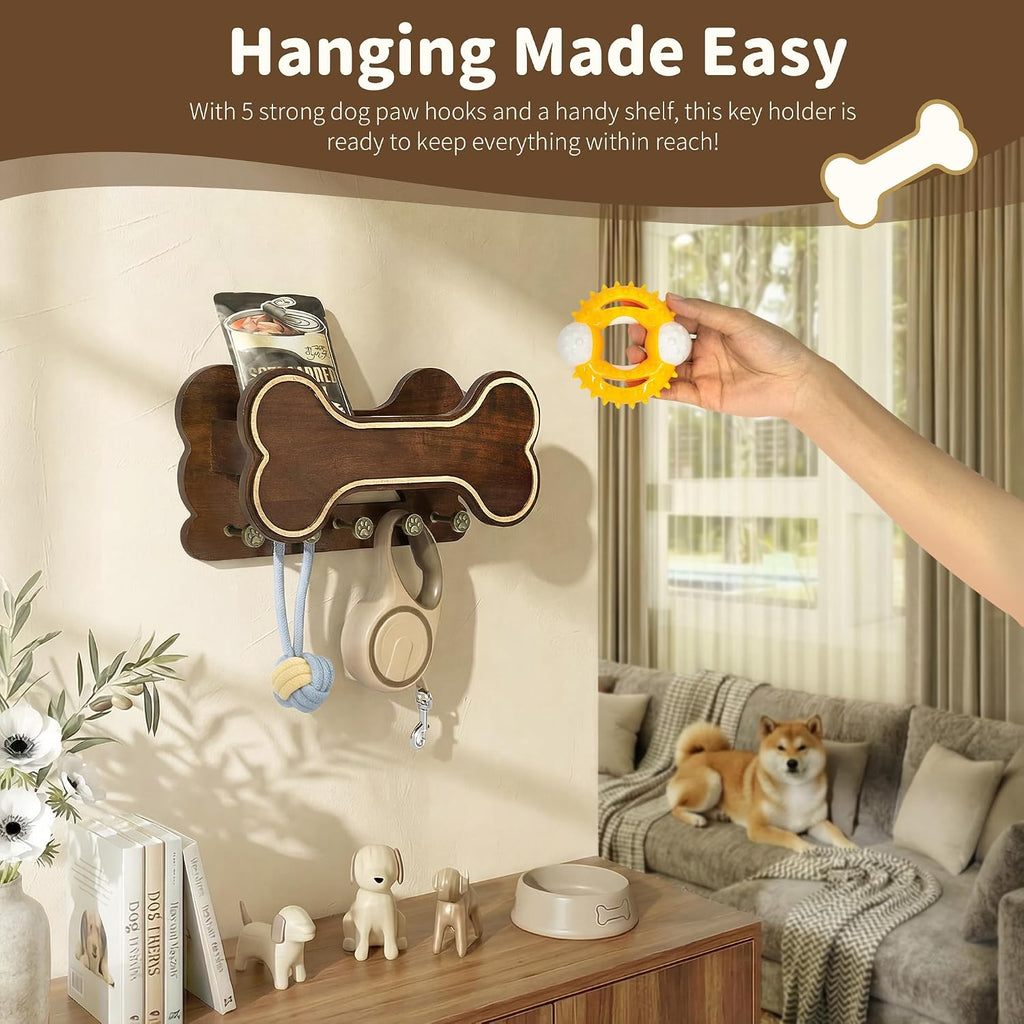 MTERSN Dog Leash Holder Wall Mount for Cute Dog Themed Decor, Dark Brown