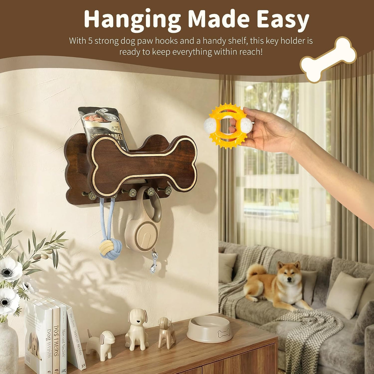 MTERSN Dog Leash Holder Wall Mount for Cute Dog Themed Decor, Dark Brown