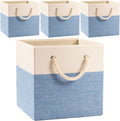 PRANDOM Large Foldable Cube Storage Bins 11x11 inch [4-Pack] Fabric Linen Storage Baskets Cubes Drawer with Cotton Handles Organizer for Shelves Nursery Closet Bedroom Beige/Blue