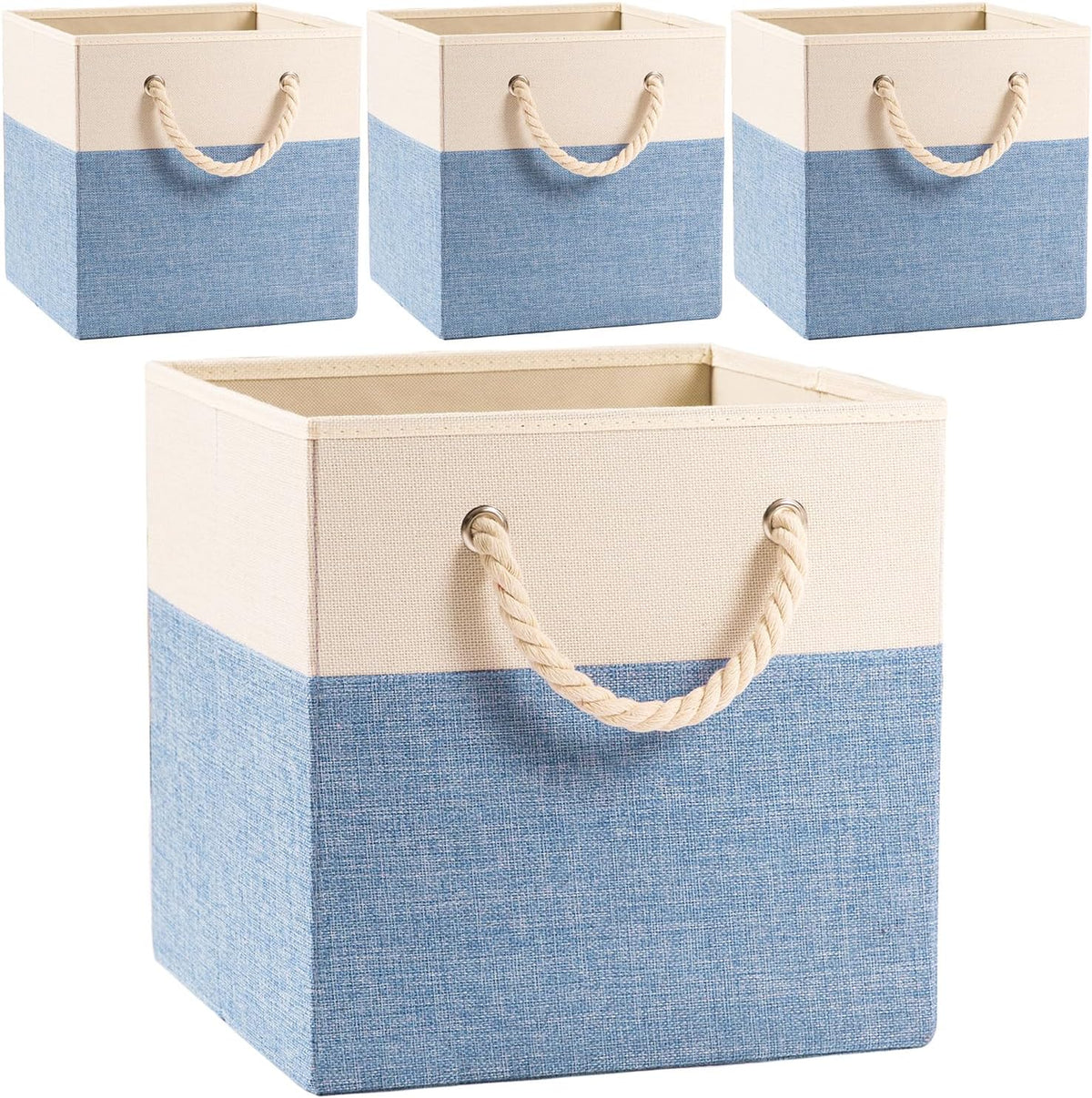 PRANDOM Large Foldable Cube Storage Bins 11x11 inch [4-Pack] Fabric Linen Storage Baskets Cubes Drawer with Cotton Handles Organizer for Shelves Nursery Closet Bedroom Beige/Blue
