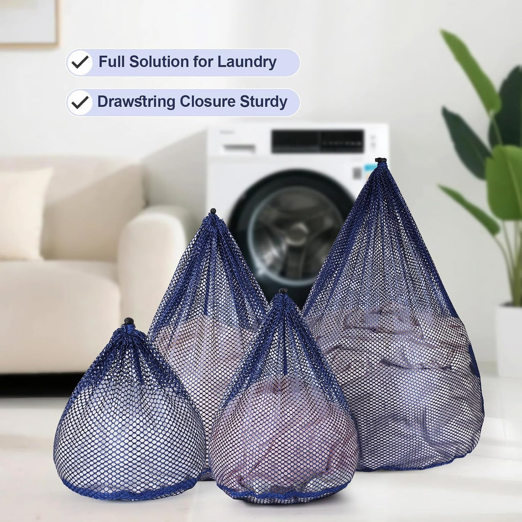 4Pcs Mesh Laundry Bags Washing Machine Mesh Wash Bags for Clothes,Underwear,Lingerie, Bed Linen with Drawstring Closure Sturdy(4 Size, Blue)