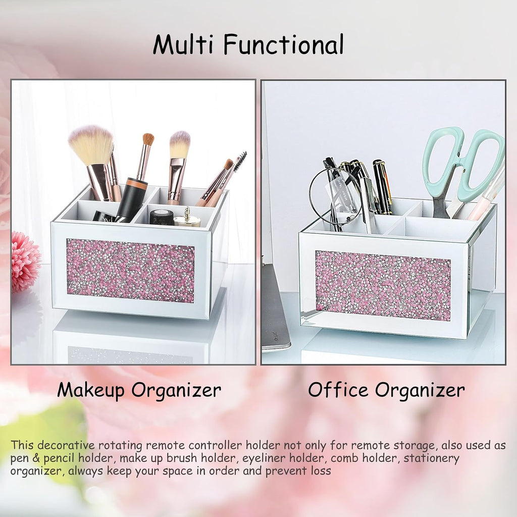 Pink 360 Rotating Remote Control Holder, Crushed Diamond TV Remote Controller Holder for Table, Desk Organizer for Pens and Pencils, Make Up Brushes, Remote Caddy Storage