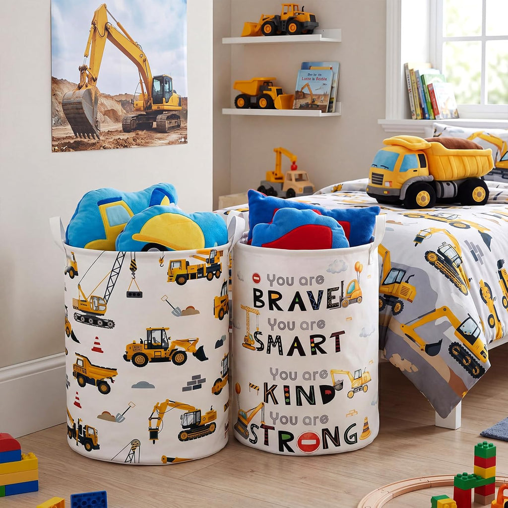 2 Pcs Construction Laundry Hamper Basket Construction Room Decor Large 19.7x14.6 Inch Round Collapsible Excavator Truck Toy Clothes Storage Organizer for Bedroom Decor Playroom