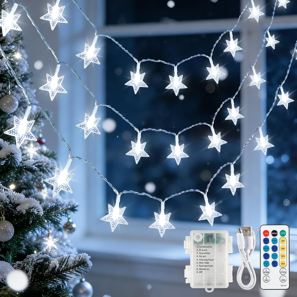 19FT 50 LED White Star String Lights, Battery & USB Powered