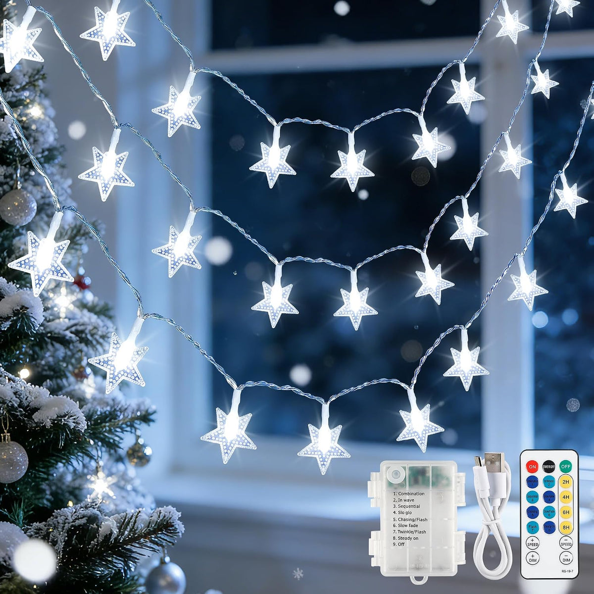19FT 50 LED White Star String Lights, Battery & USB Powered