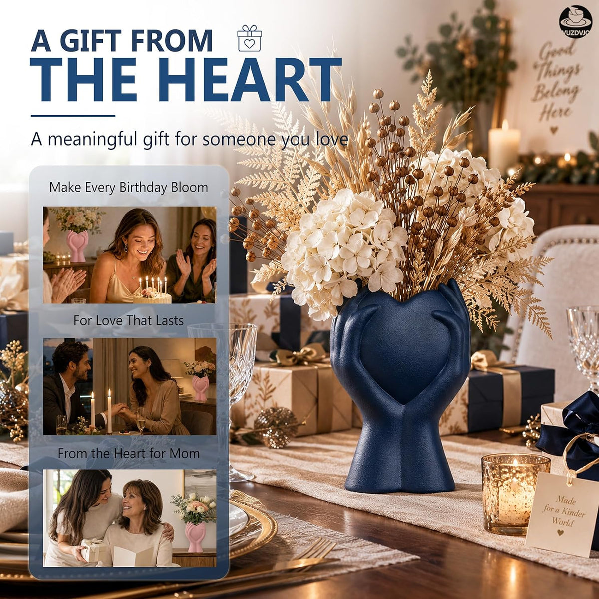 8" Heart Hand Navy Blue Ceramic Vase - Unique Modern Aesthetic Flowers Vase for Living Room Bedroom Office Kitchen Table Centerpiece or Shelf Decor-Gifts for Wedding Bridal Shower Women Mom (Blue)