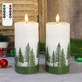 Holiday Flameless Candles Green Hand Drawn Christmas Tree Design with Remote Control, Flickering Real Wax Christmas LED Candles - Home Party Bathroom Room Xmas Decorations - Set of 2
