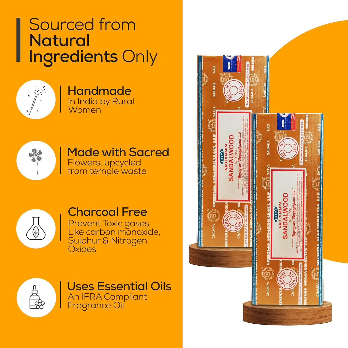 Satya Sandalwood Incense Sticks 250 gmx 2 Pack (500 GMS), Insenses with Raajsee Insence Holder Bundle, Nag Champa Natural Incense