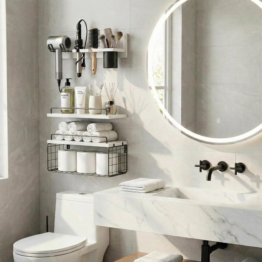 3-Tier Bathroom Floating Shelves with Hair Dryer Holder, White