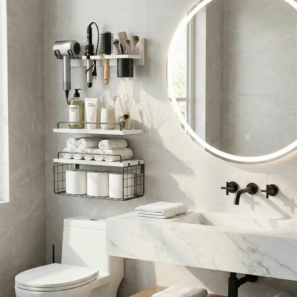 3-Tier Bathroom Floating Shelves with Hair Dryer Holder, White