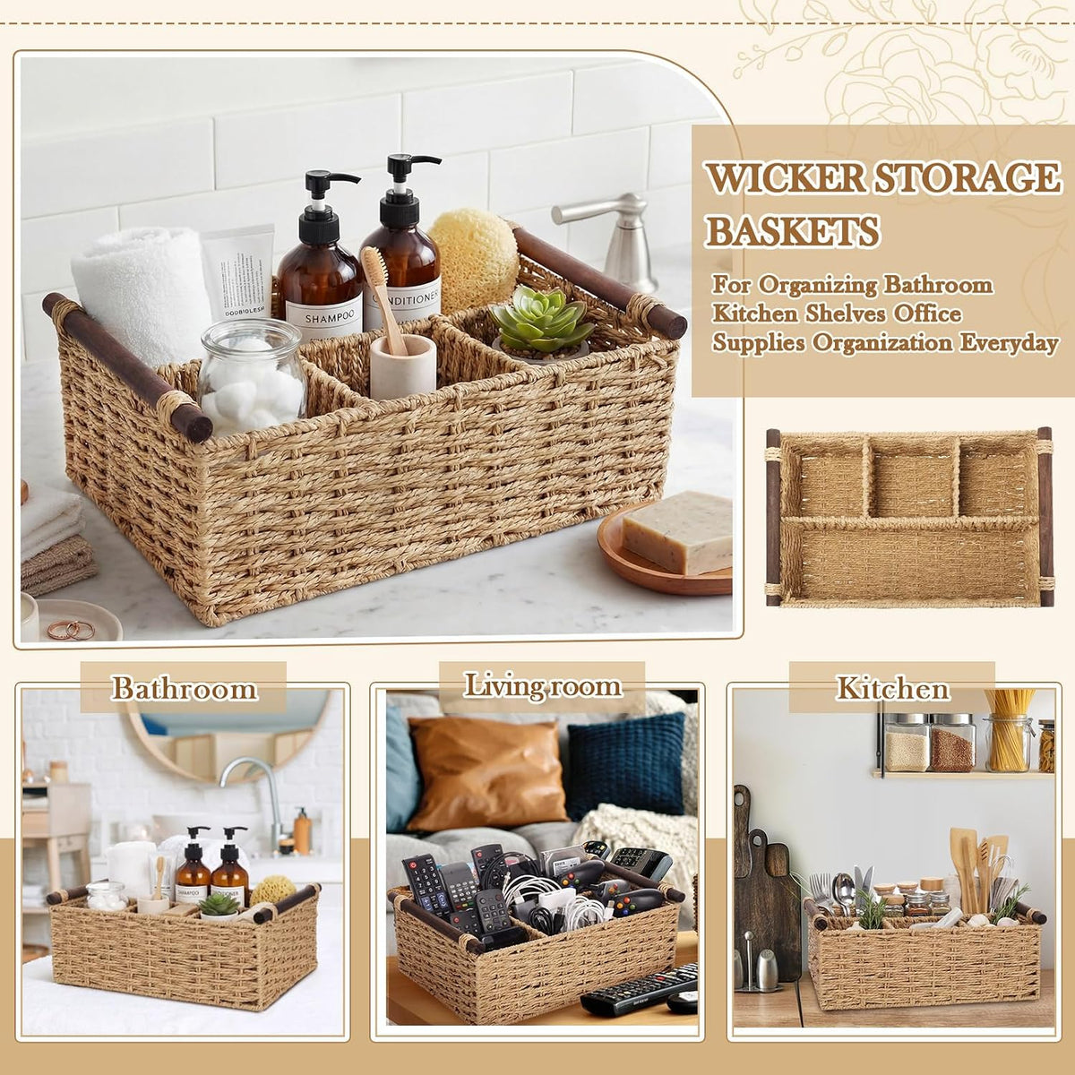 Remerry Beige Bathroom Countertop Organizer Caddy, Wicker-Like Divided Basket with Handle and Metal Frame, 4 Compartment, Paper Rope Storage Organizer for Vanity Kitchen (15.35 x 10.24 x 6.3 in)