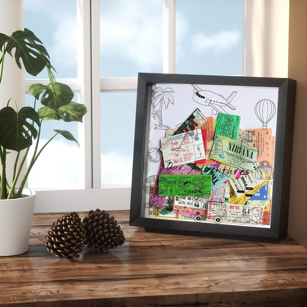 Jackma Travel Tickets Collection Shadow Box Frame, Funny Display Box for Collecting Tickets of Sporting Travelling Events – Piggy Bank Frame Memory Box with Slot on Top, Black 8x8”