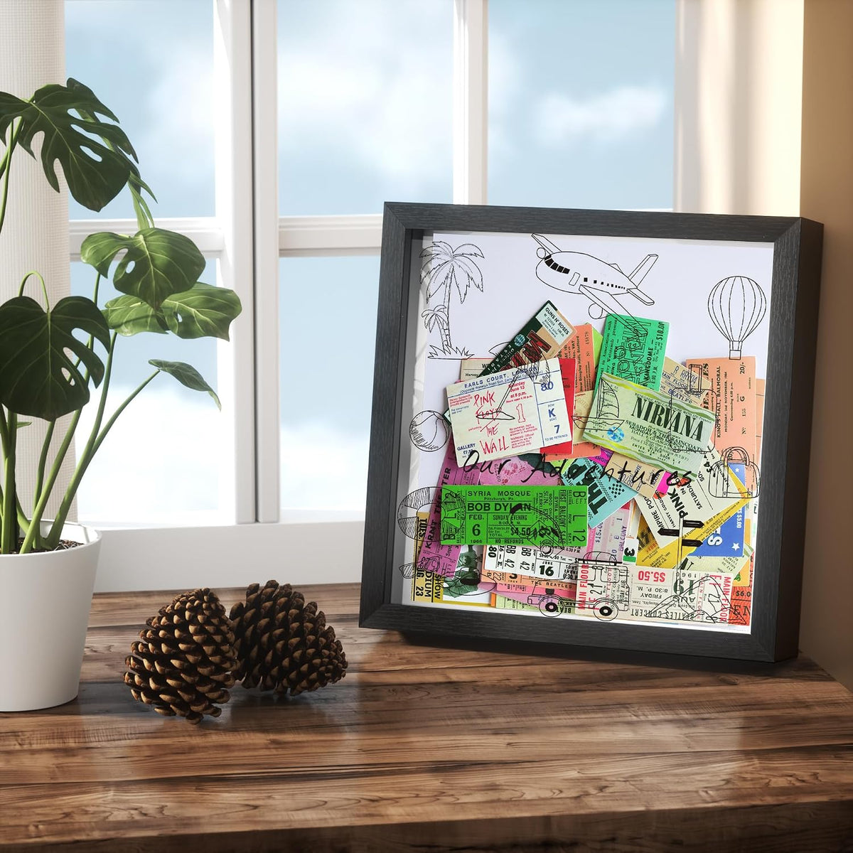 Jackma Travel Tickets Collection Shadow Box Frame, Funny Display Box for Collecting Tickets of Sporting Travelling Events – Piggy Bank Frame Memory Box with Slot on Top, Black 8x8”