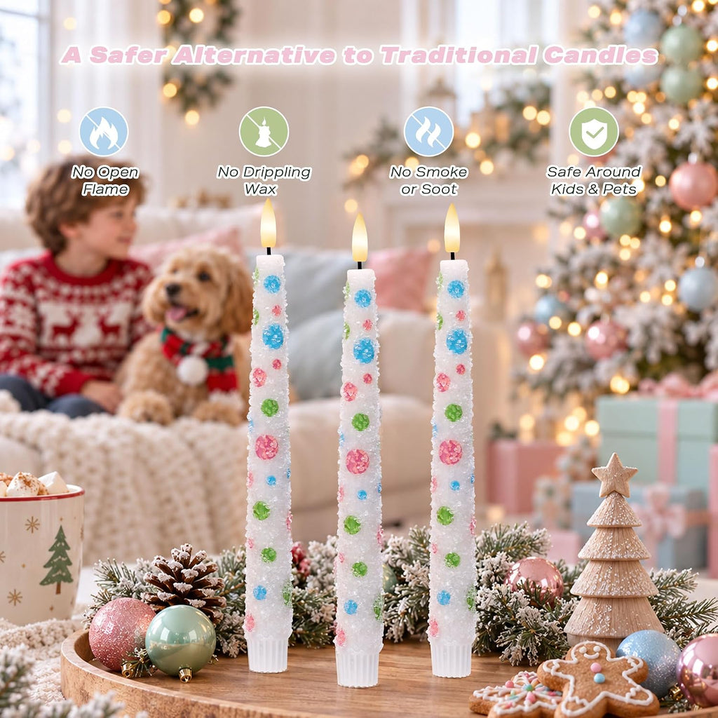 Pastel Dot Flameless Taper Candles with Remote, Set of 3, Christmas Decor