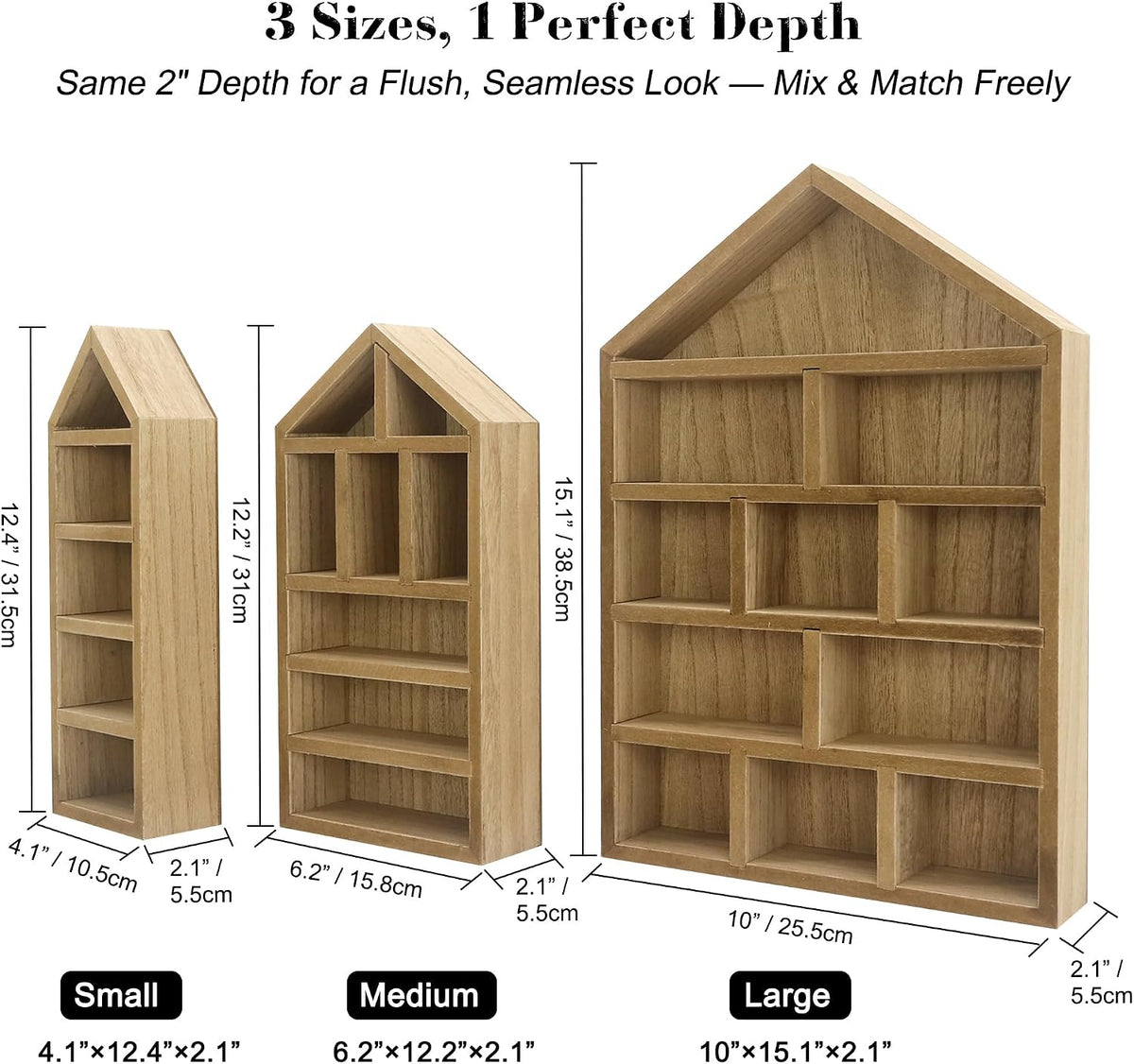 House Shaped Shadow Box with Removeable Shelves,Carbonized,4x12