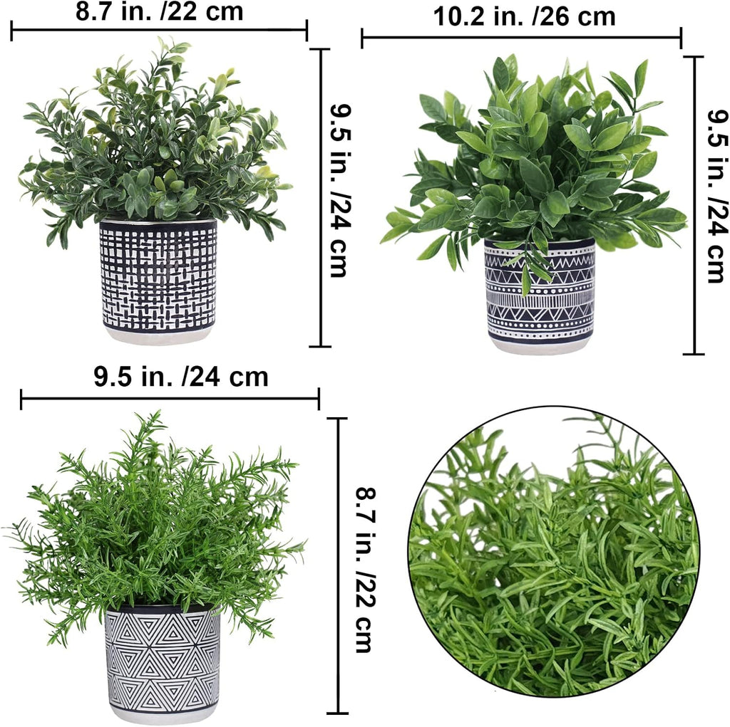 Winlyn Set of 3 Small Potted Plants Artificial Eucalyptus Rosemary Boxwood Plants in Black and White Geometric Pots for Table Centerpiece Kitchen Counter Windowsill Indoor Outdoor Garden Greens Decor