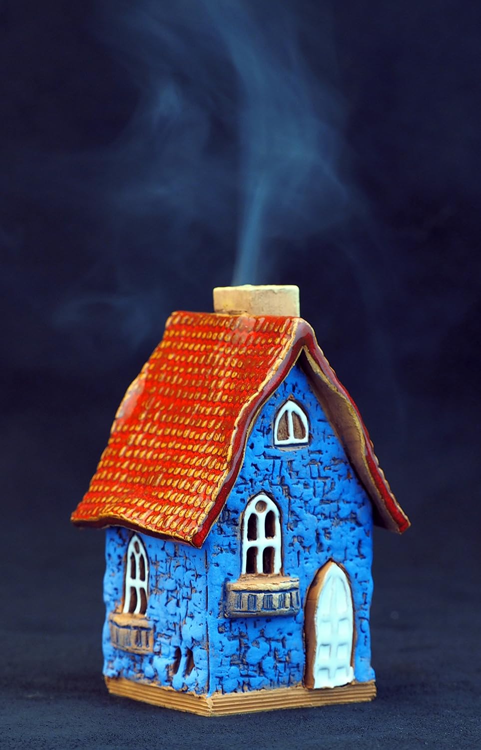 Ceramic Houses and Villages Collection - Handmade House Miniature Cone Incense Holder Burner Handcrafted Blue House Hand Painted R503