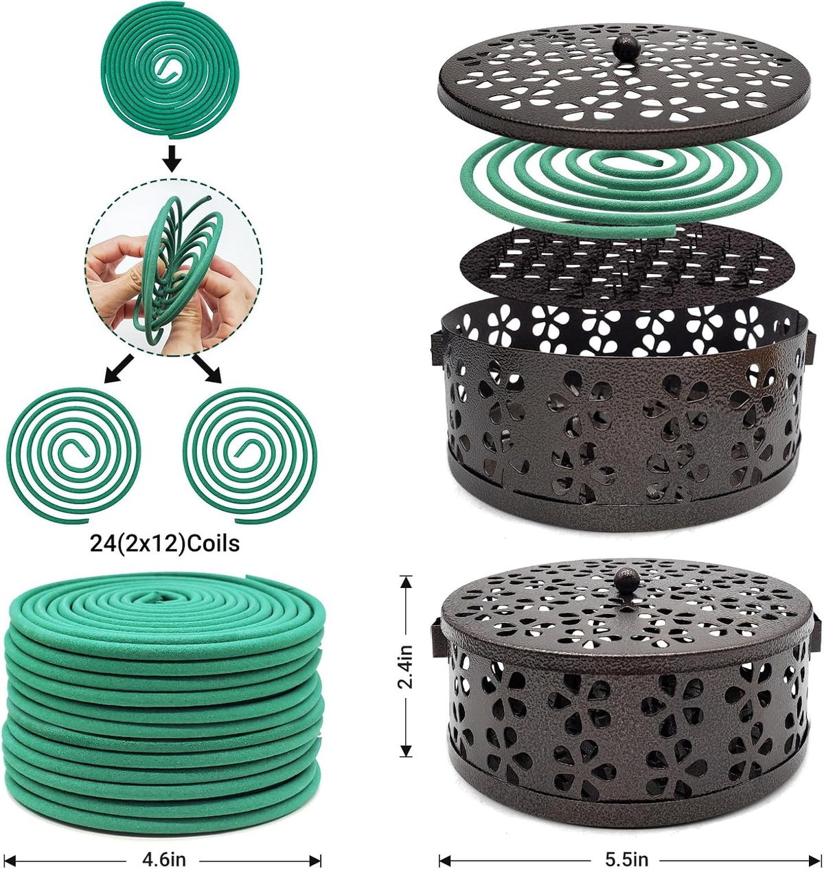 Large Citronella Incense coils and Coil Incense Holder, Made from Natural Plants, Suitable for Outdoor, Living Room, Terrace use (24 Coils and 1 Coil Incense Holder)