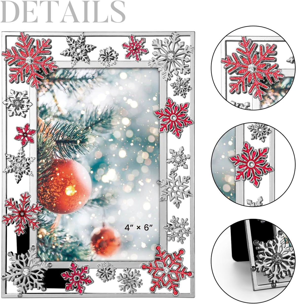 GUOER Christmas Decorations Photo Frame 4x6 Inch Snowflake Christmas Metal Photo Display Picture Photo Frames with High Definition Glass Front Gift Ideas Tabletop Home Decorative (Red)