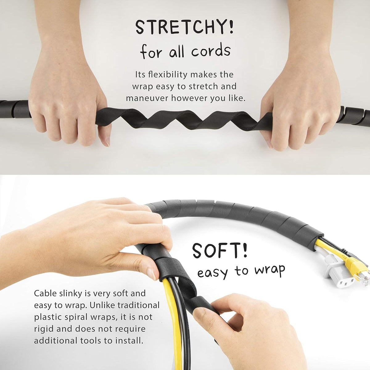Cable Slinky Flexible Spiral Cable Wrap for Sit‑Stand Desks – Super Soft Stretchable Foam Wire Organizer, VOC‑Free, Lead‑Free, Easy Breakout Design, 10 FT (5×2 FT Strips) – Black
