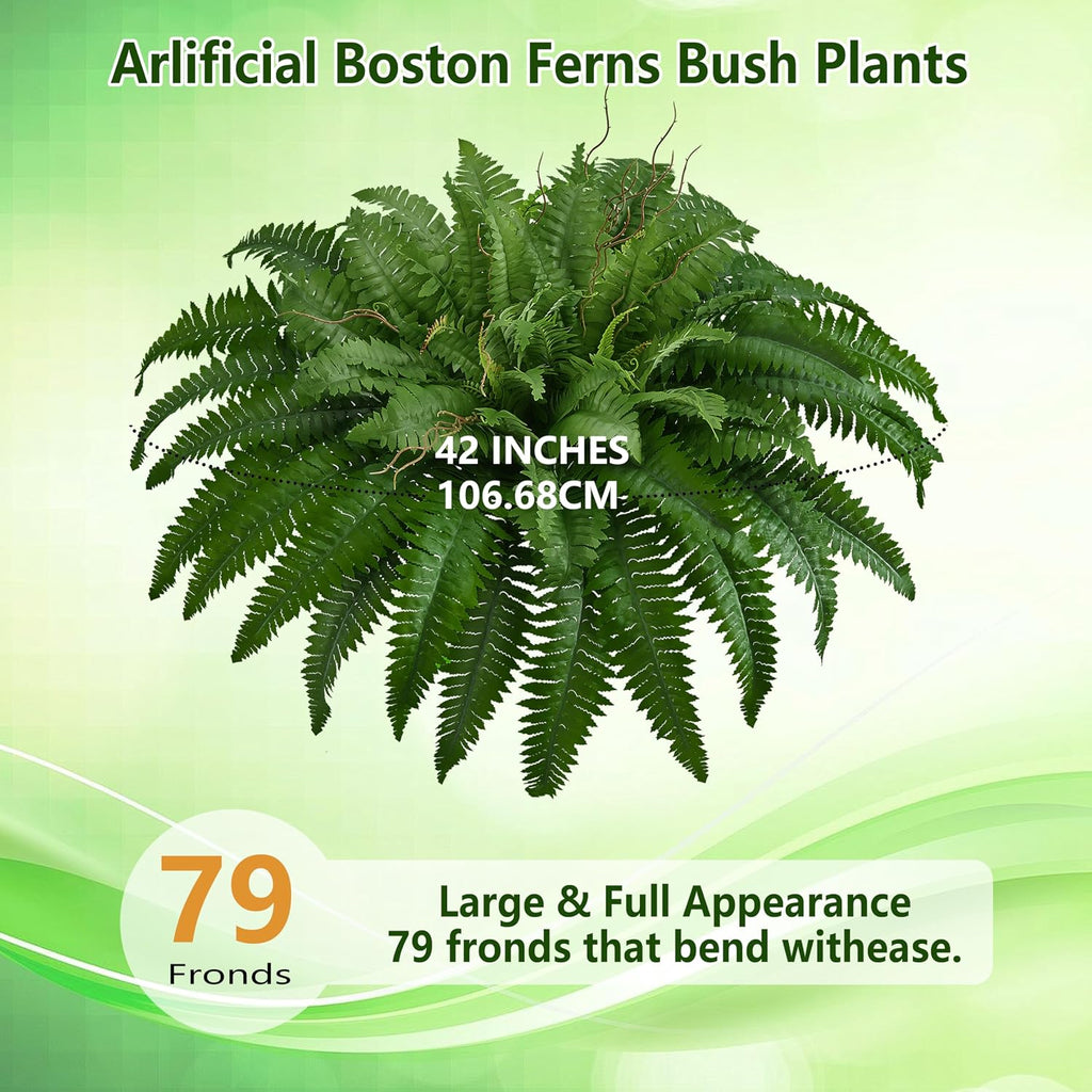42In Artificial Boston Ferns Bush, Set of 2 Large Faux Ferns Plants, 79 Branches Fake Ferns for Home Living Room Decor, Indoor and Outdoor.