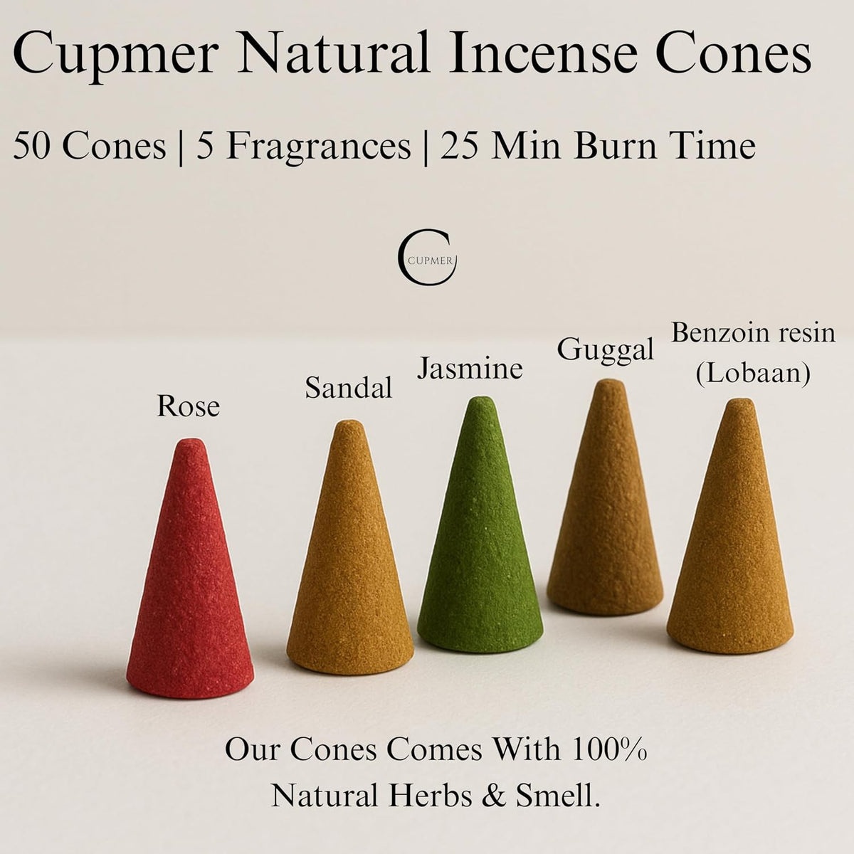 Natural Incense Cones – 50 Handmade Dhoop Cones | 5 Fragrances: Rose, Sandalwood, Jasmine, Guggal, Frankincense | Long-Lasting 20 Min Burn | Meditation, Yoga, Gifting