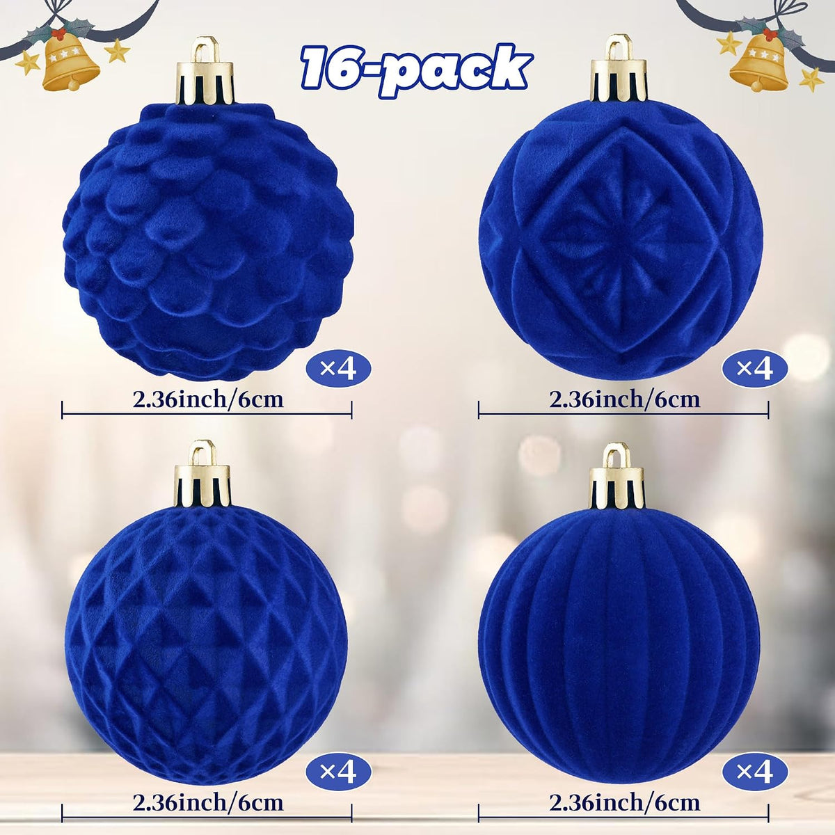 BLEUM CADE 16Pcs Blue Velvet Shatterproof Christmas Ball Ornaments