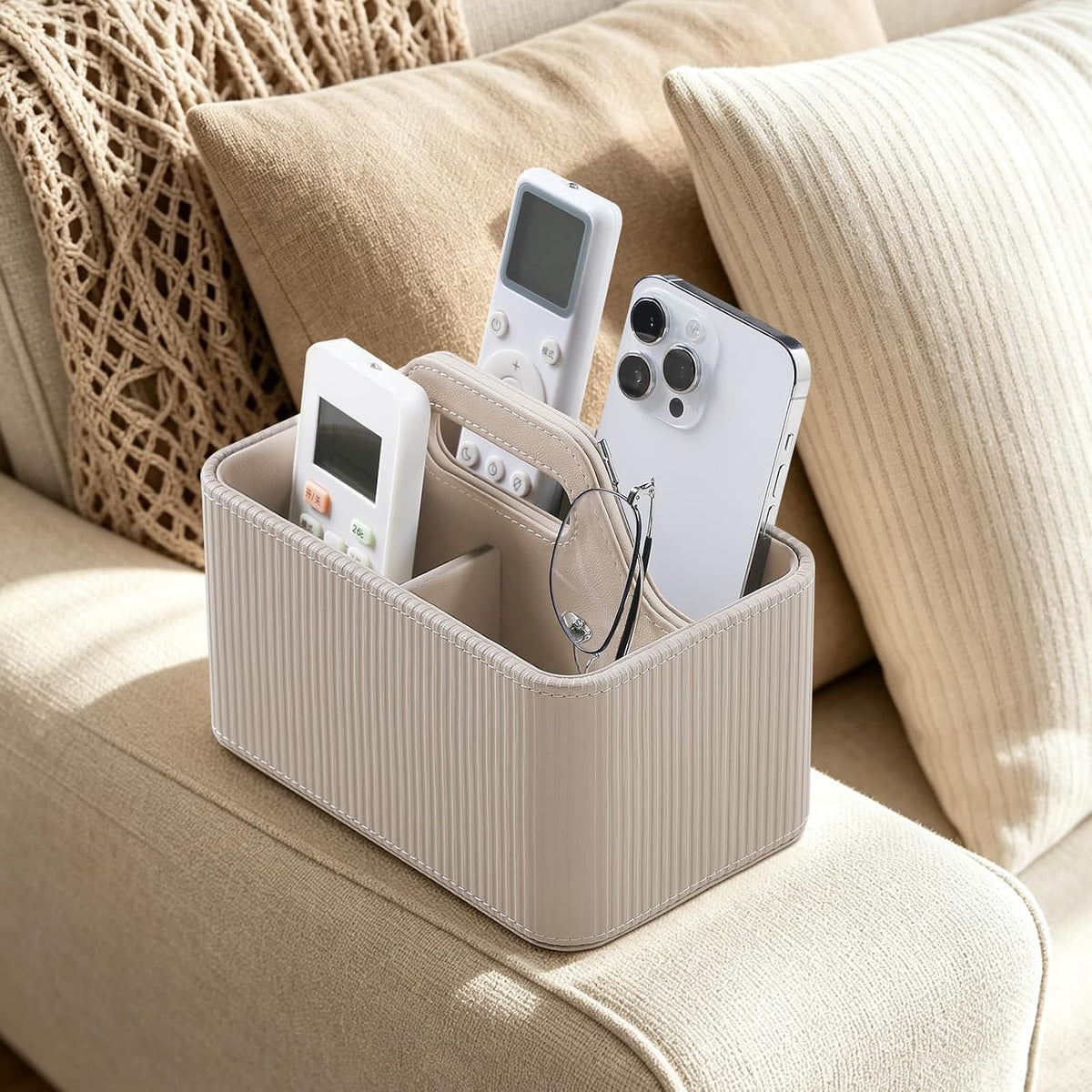 Ribbed Portable Remote Control Holder, PU Leather Desk Organizer