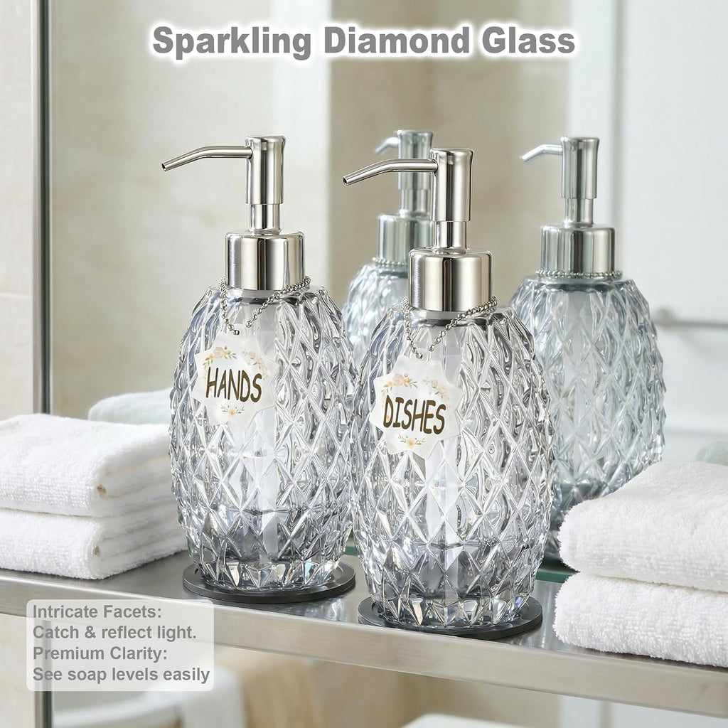 MALACHI Glass Soap Dispenser, 304 Rustproof Stainless Steel Pump, Refillable Multi‑use for Hand Soap, Dish Soap, Body Wash, Shampoo, Baby Wash for Bathroom Kitchen & Commercial