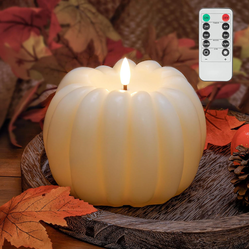JOIONE Fall Flameless Ivory Pumpkin Candle with Remote, Halloween Decor