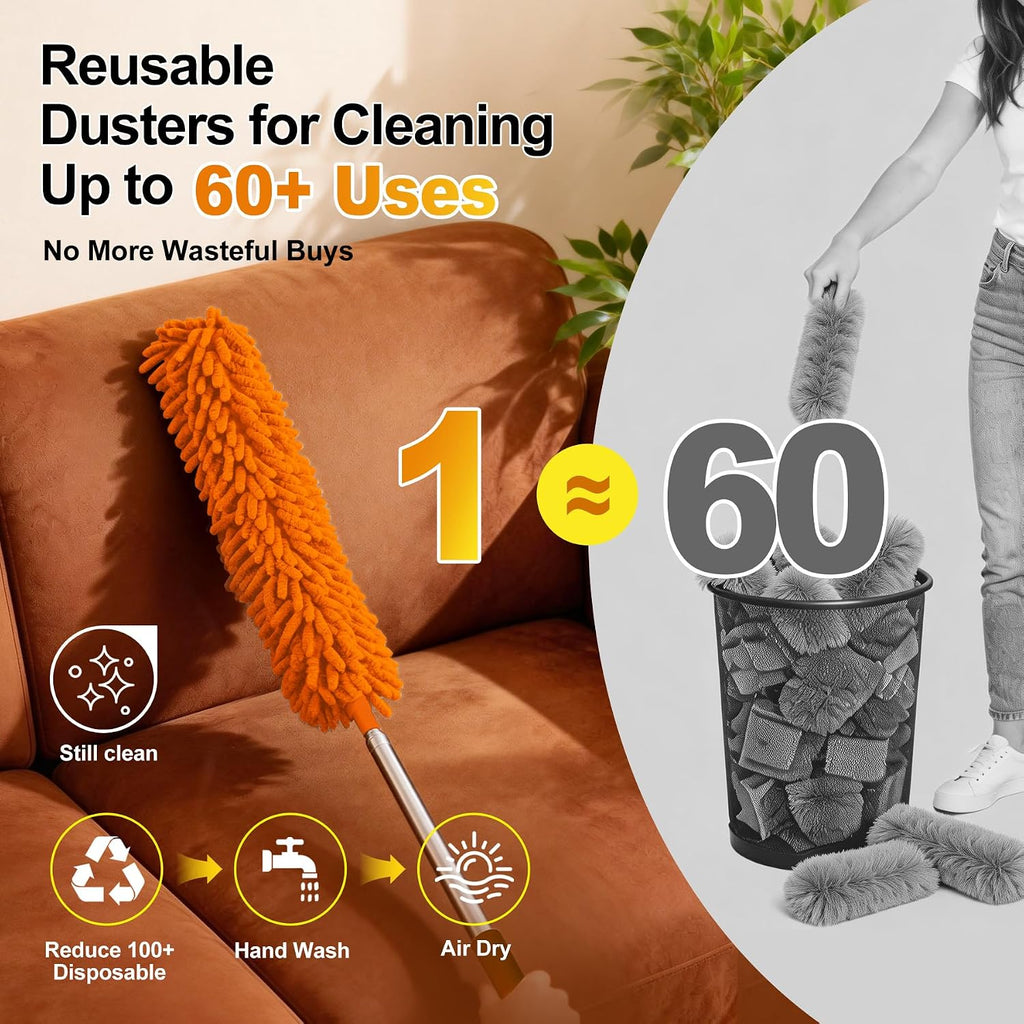 Tiumso 5-in-1 Duster with Extension Pole 100” Extendable Dusters for Cleaning Reusable Anti-Spin Dusting Kits for High Ceiling Fans, Cobwebs & Vents, Reinforced Stainless Steel Telescopic Handle