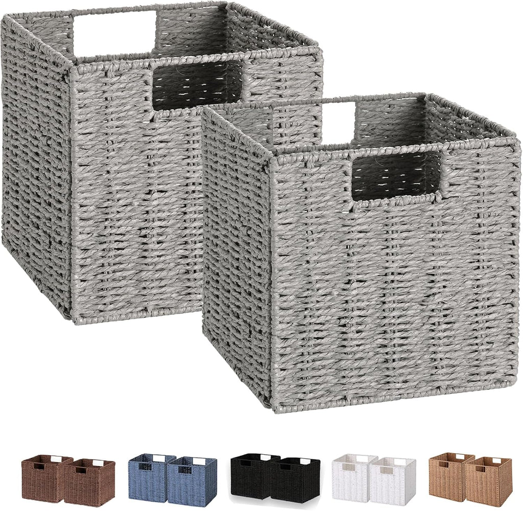 Vagusicc Wicker Basket, Set of 2 Hand-Woven Wicker Storage Basket, Foldable 11 inch Cube Storage Bins, Storage Baskets for Organizing Shelves, Closet Organizers and Storage Bins, Gray (11″×11″×11″)