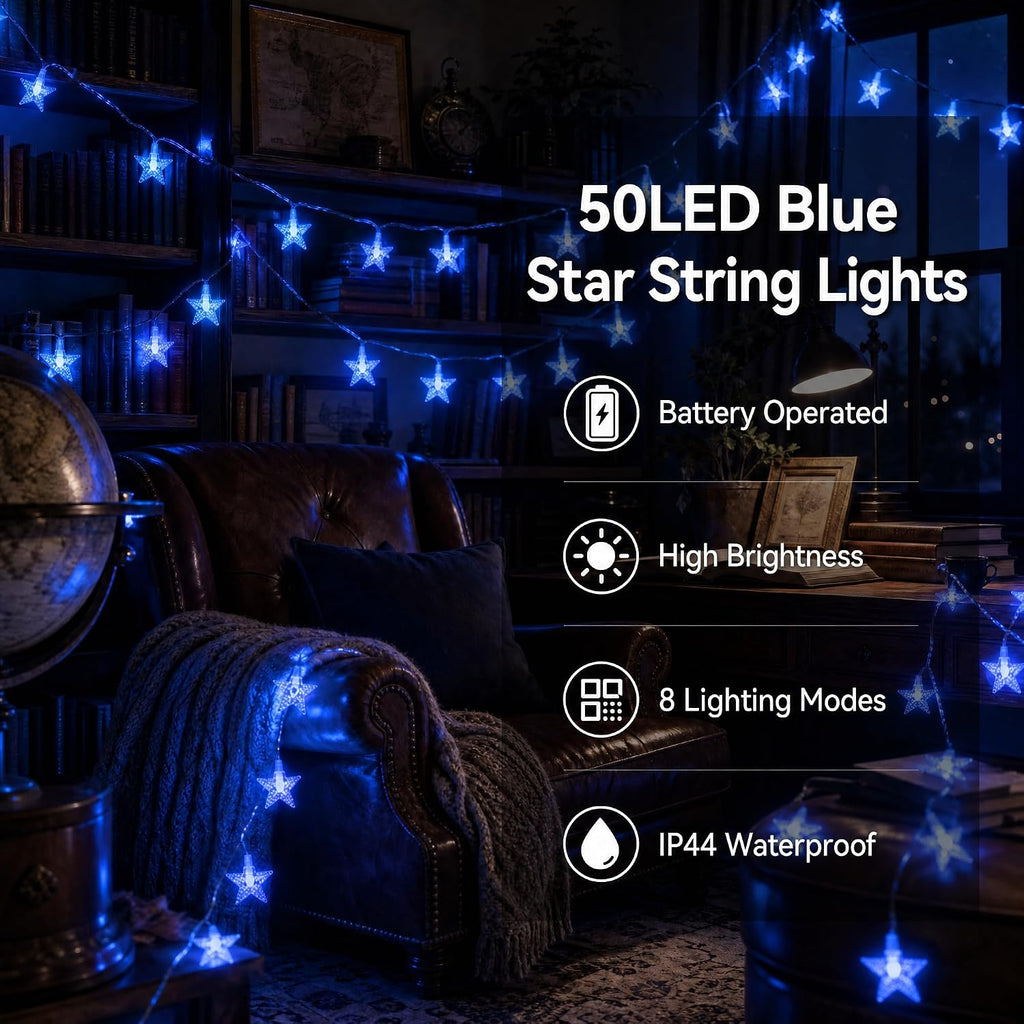 ITICdecor Blue Star String Lights Battery Operated 15 FT 30 LED
