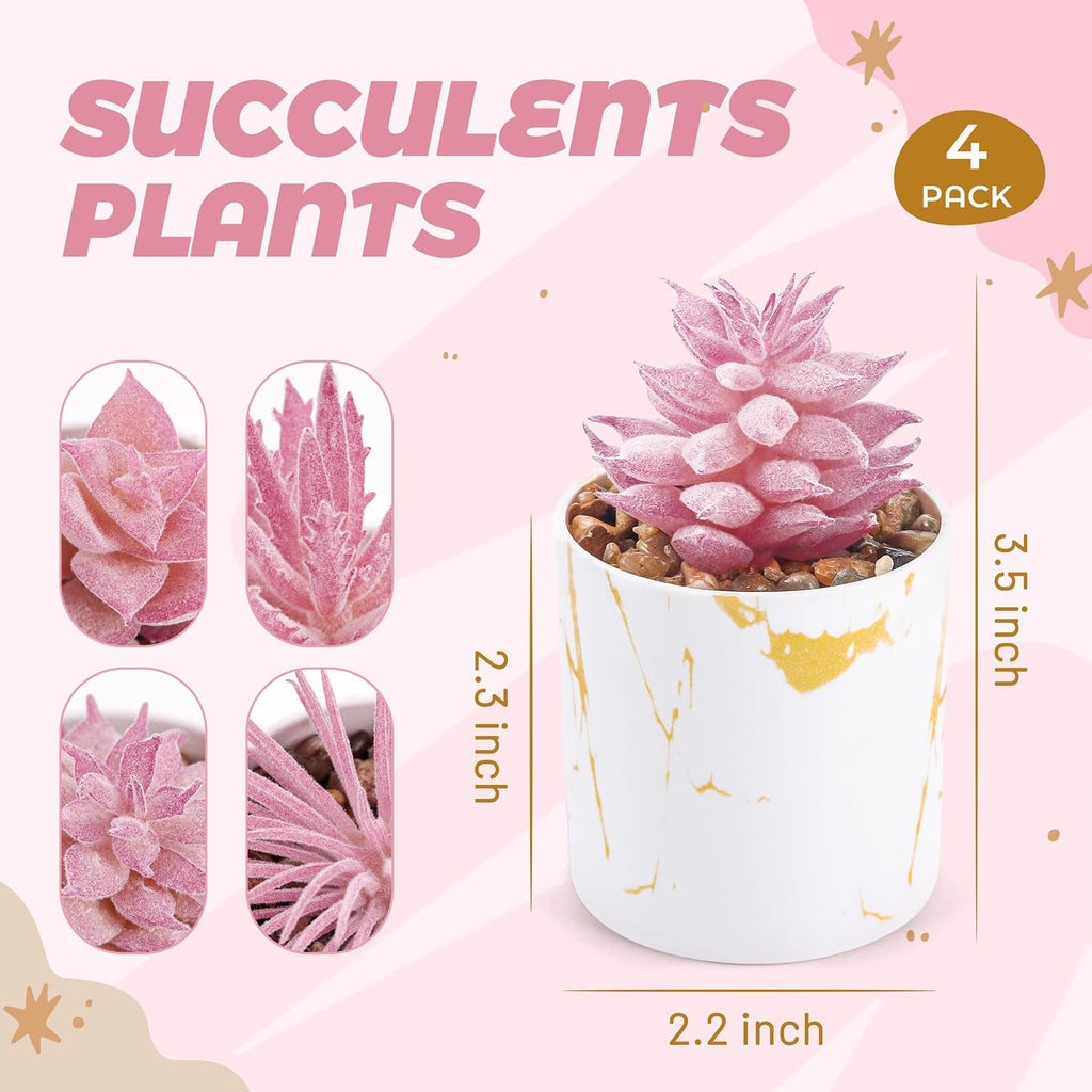 Der Rose 4 Pack Pink Fake Plants in Gold Accent Pots for Office Desk Decor