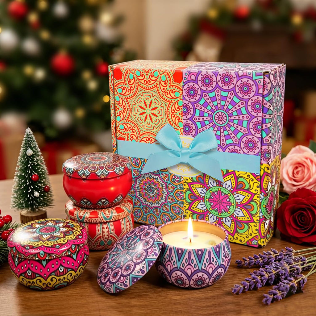 4 Pack Scented Candles for Women Gift- 8% Essential Oil Aromatherapy Candle Set, 50H Long Lasting Natural Soy Wax Candles, Travel Tin Gift Box for Stress Relief Spa Yoga Birthday Housewarming