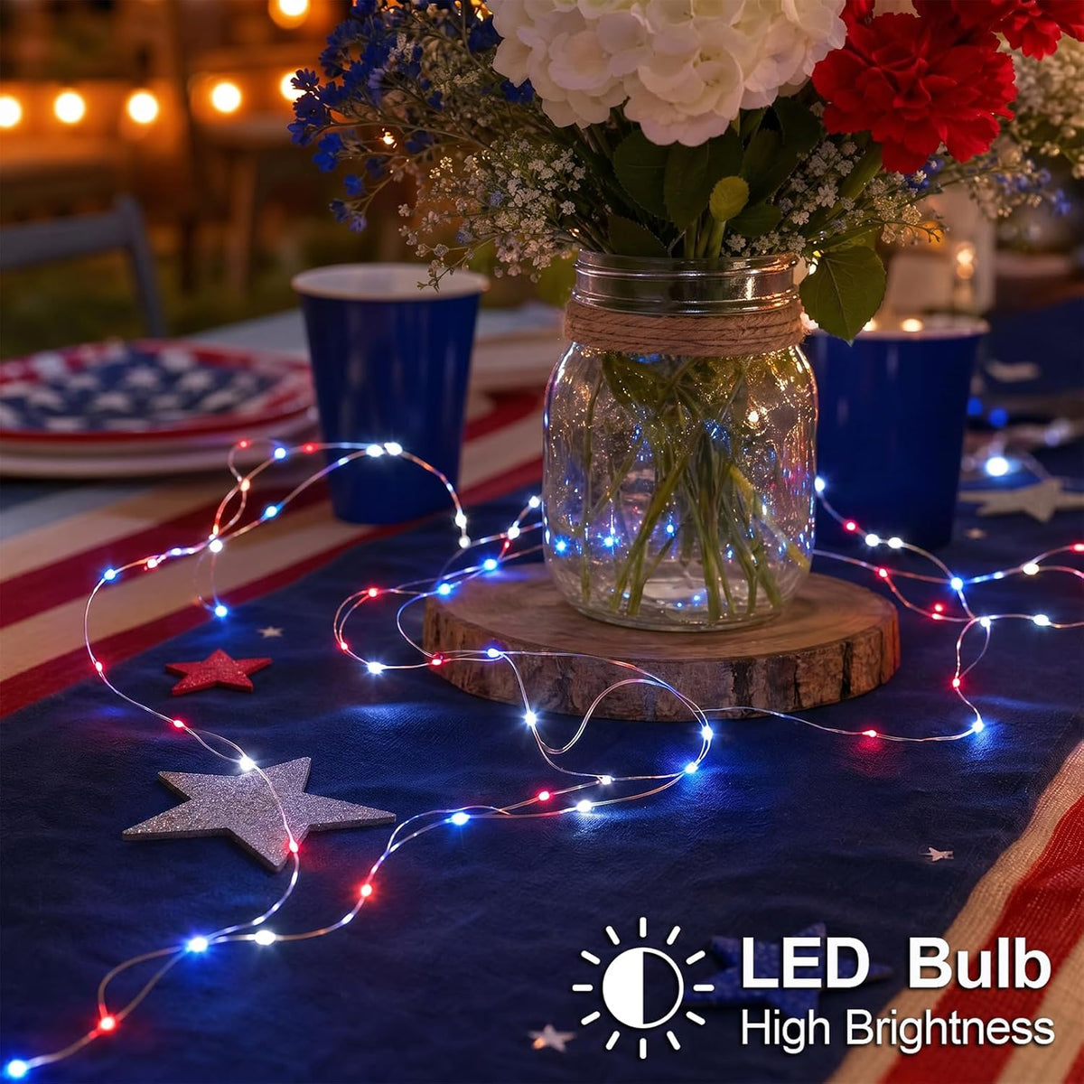 Patriotic Red White and Blue Fairy String Lights Battery Operated